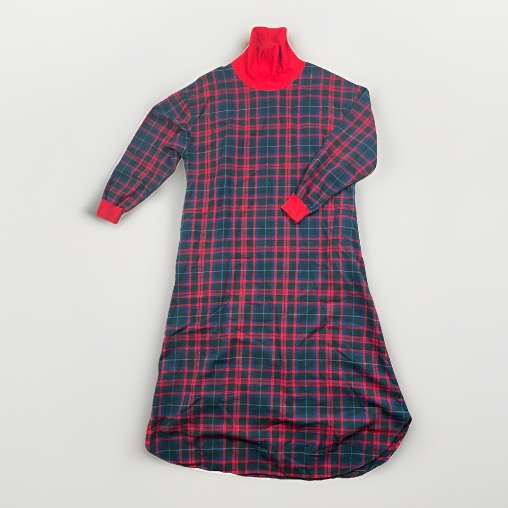 VTG LL BEAN Nightgown Women's Small Long Flannel Turtleneck Plaid Red Blue Black